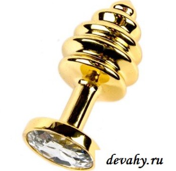 Секс шоп (интим магазин) Товар для взрослых анальная пробка Ребристая Gold с белой вставкой, в коробочке
