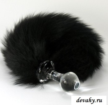 Секс шоп (интим магазин) Анальная Пробка Стеклянная Crystal Delight Short Stem с Хвостом из натурального Меха Лисы, Black Fox