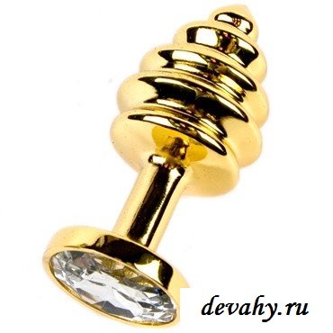 Товар для взрослых анальная пробка Ребристая Gold с белой вставкой, в коробочке