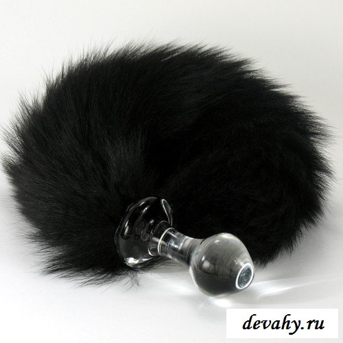 Анальная Пробка Стеклянная Crystal Delight Short Stem с Хвостом из натурального Меха Лисы, Black Fox